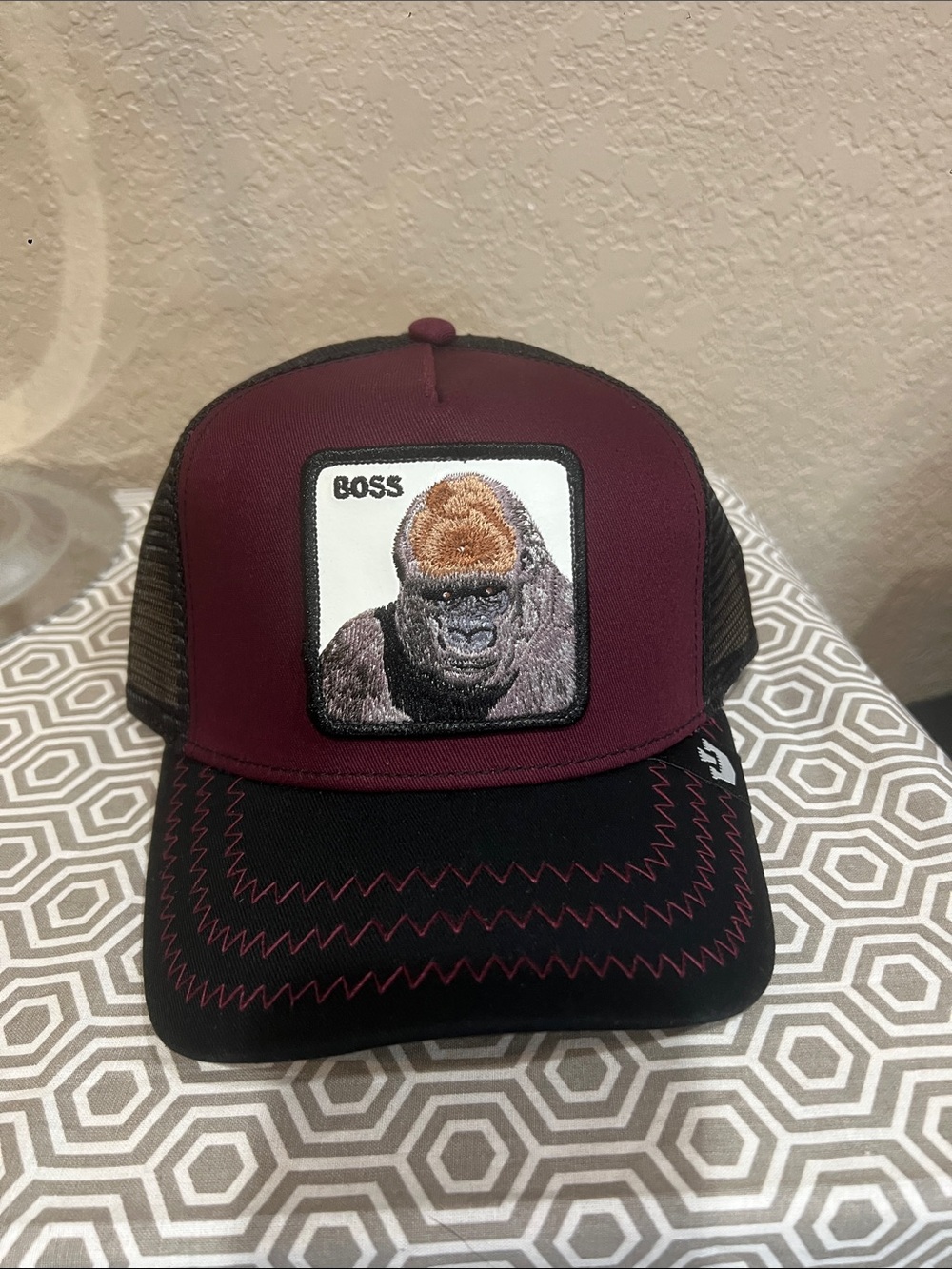 Goorin Bros Boss Burgundy and Black Gorilla Patch Trucker Cap